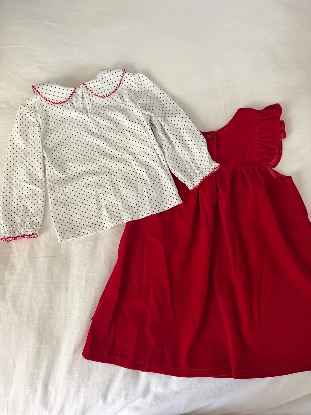 Pinafore Dress & Collared Top Set - Velvet, Ricrac, Polka Dot